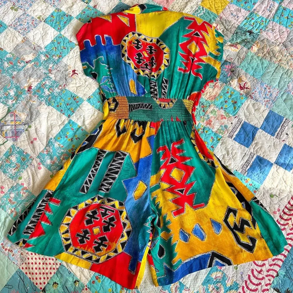 Vintage 80s does 40s Draped Shirred Back Cinch Waist Culotte Playsuit Romper - Picture 6 of 7